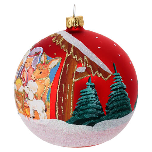 Satin red blown glass Christmas ball, Holy Family with childlike features, 4 in 2