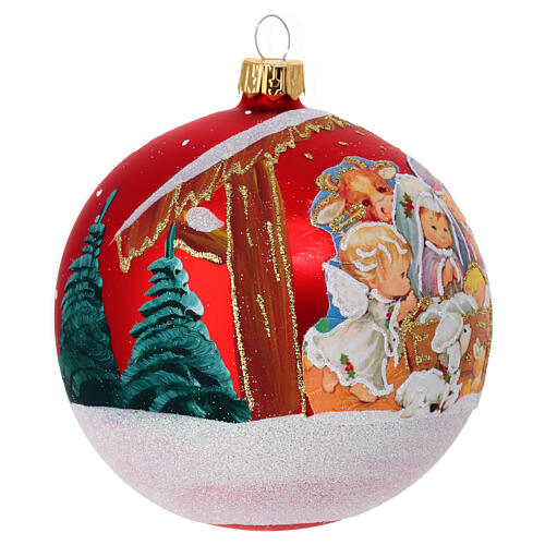 Satin red blown glass Christmas ball, Holy Family with childlike features, 4 in 3