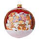 Satin red blown glass Christmas ball, Holy Family with childlike features, 4 in s1