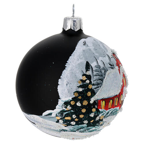 Weihnachtskugeln, 2er-Set, aus mundgeblasenem Glas, matt-schwarz, mit rotem Hausmotiv und Schneelandschaft – Ø 8 cm 4