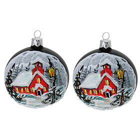 Pareja de bolitas de Navidad vidrio soplado negro opaco decorado casa nevada 80 mm