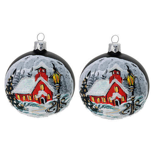 Pair of Christmas baubles in matte black blown glass decorated with snowy house 80 mm 1
