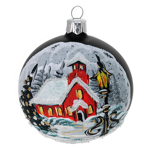 Pair of Christmas baubles in matte black blown glass decorated with snowy house 80 mm 2