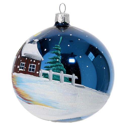 Christmas ball of polished dark blue blown glass, snowy barn, 4 in 2