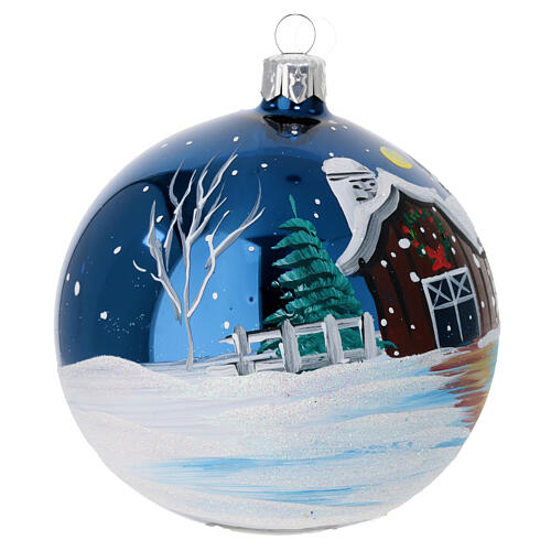 Christmas ball of polished dark blue blown glass, snowy barn, 4 in 3