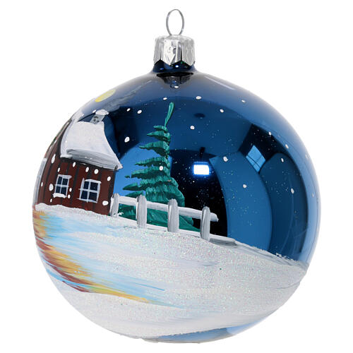 Boule Noël verre soufflé bleu nuit satiné ferme enneigée 100 mm 4