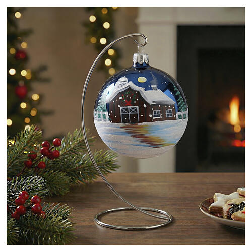 Pallina Natale vetro soffiato blu notte lucido decoro fattoria innevata 100 mm 2