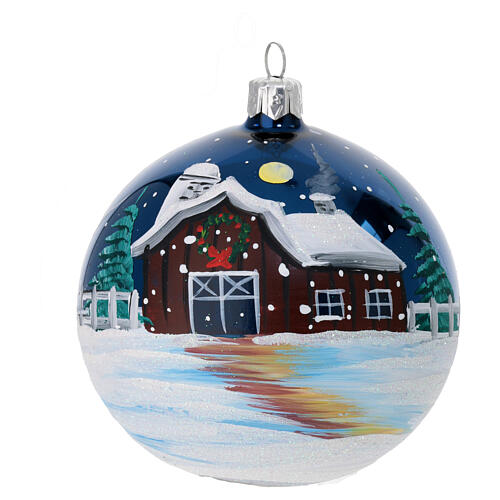 Glossy midnight blue blown glass Christmas bauble with snowy farm decoration 100 mm 1