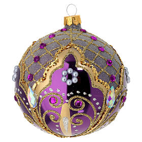 Polished purple blown glass Christmas ball with gold glitter decorations and gold strass, 4 in