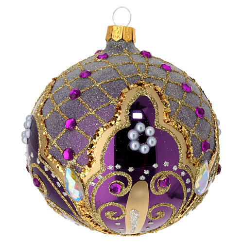 Polished purple blown glass Christmas ball with gold glitter decorations and gold strass, 4 in 3