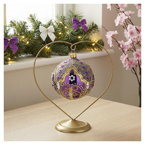 Polished purple blown glass Christmas ball with gold glitter decorations and gold strass, 4 in 2