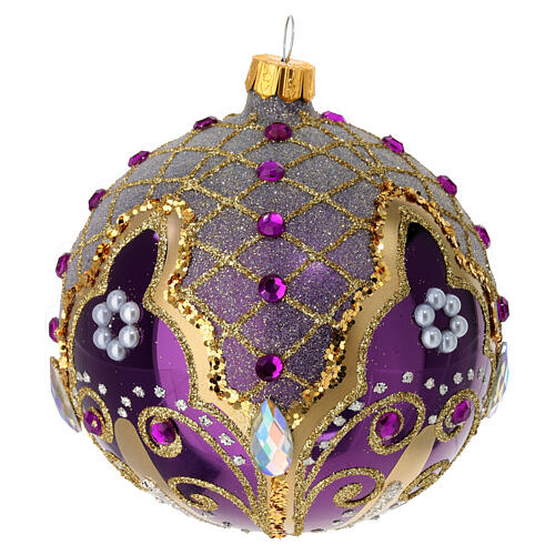 Polished purple blown glass Christmas ball with gold glitter decorations and gold strass, 4 in 3