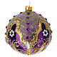 Polished purple blown glass Christmas ball with gold glitter decorations and gold strass, 4 in s3