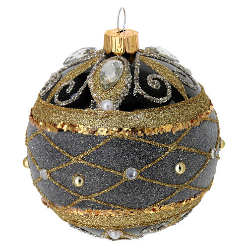Weihnachtskugeln, 2er-Set, aus mundgeblasenem Glas, glänzend schwarz, mit Gold- & Silberglitter, Perlen- & Strassdekoren – Ø 8 cm 2