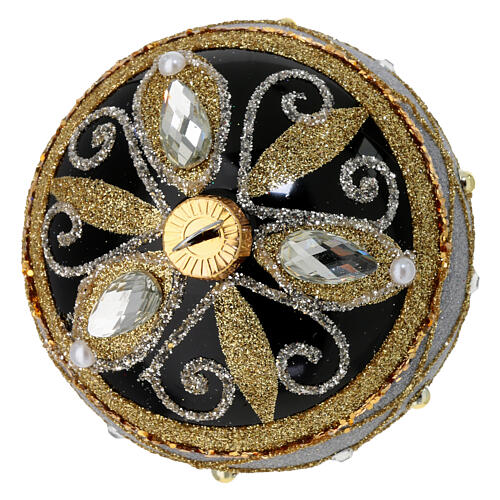 Weihnachtskugeln, 2er-Set, aus mundgeblasenem Glas, glänzend schwarz, mit Gold- & Silberglitter, Perlen- & Strassdekoren – Ø 8 cm 3