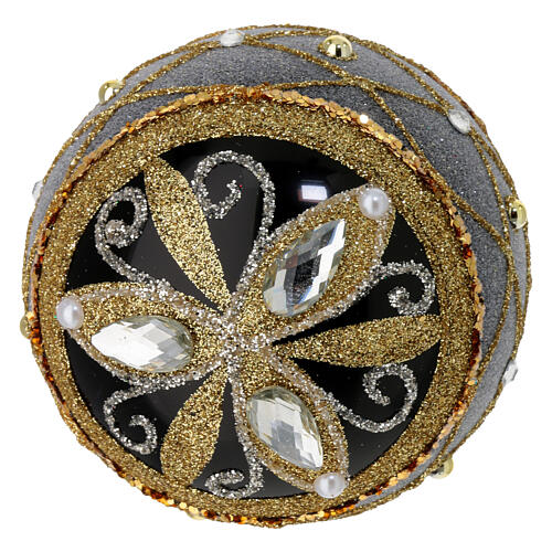 Weihnachtskugeln, 2er-Set, aus mundgeblasenem Glas, glänzend schwarz, mit Gold- & Silberglitter, Perlen- & Strassdekoren – Ø 8 cm 5