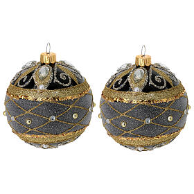 Set of 2 Christmas balls, black blown glass with gold and silver glitter and strass, 3 in