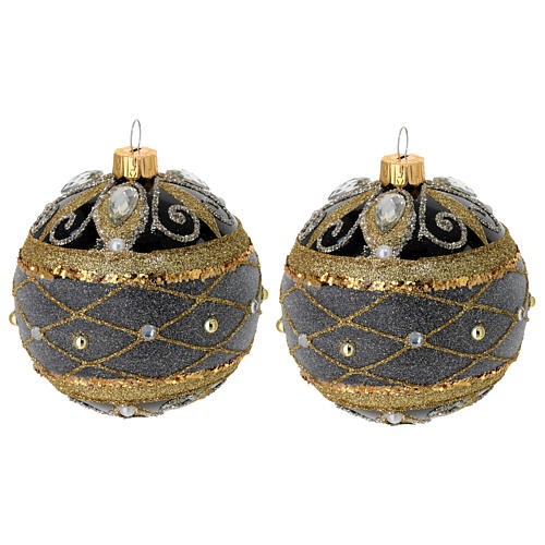 Set of 2 Christmas balls, black blown glass with gold and silver glitter and strass, 3 in 1