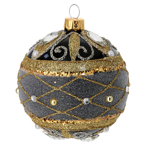 Set of 2 Christmas balls, black blown glass with gold and silver glitter and strass, 3 in 4