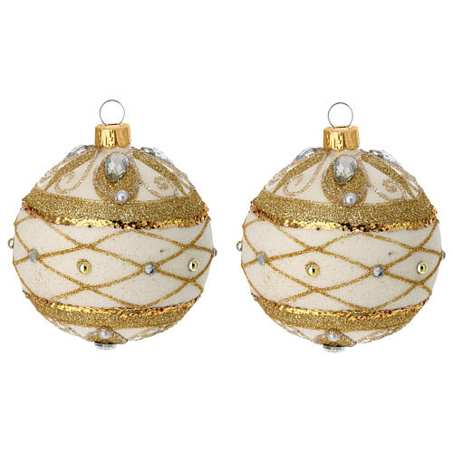 Weihnachtskugeln, 2er-Set, aus mundgeblasenem Glas, elfenbeinfarben, mit Goldglitter, Strass und Perlendekor – Ø 8 cm 1