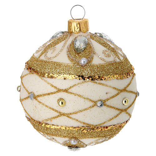 Weihnachtskugeln, 2er-Set, aus mundgeblasenem Glas, elfenbeinfarben, mit Goldglitter, Strass und Perlendekor – Ø 8 cm 2