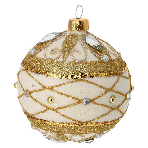 Weihnachtskugeln, 2er-Set, aus mundgeblasenem Glas, elfenbeinfarben, mit Goldglitter, Strass und Perlendekor – Ø 8 cm 4