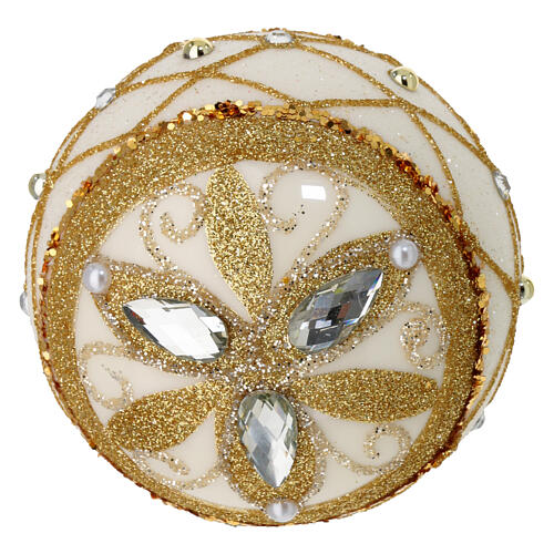 Weihnachtskugeln, 2er-Set, aus mundgeblasenem Glas, elfenbeinfarben, mit Goldglitter, Strass und Perlendekor – Ø 8 cm 5