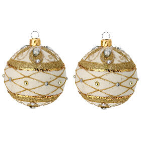 Ivory-coloured Christmas balls with gold glitter, blown glass, set of 2, 3 in