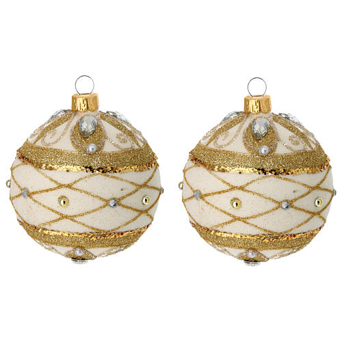 Pair of ivory gold glitter blown glass balls 80 mm 1