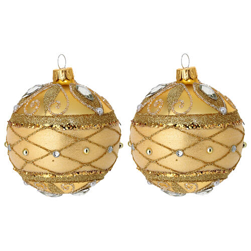 Weihnachtskugeln, 2er-Set, aus mundgeblasenem Glas, satin-goldene Oberfläche, mit Glitter und Strass – Ø 8 cm 1