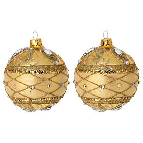 Set of 2 Christmas balls, dull gold with glitter and strass, blown glass, 3 in