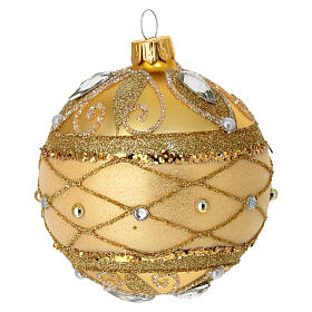 Set of 2 Christmas balls, dull gold with glitter and strass, blown glass, 3 in