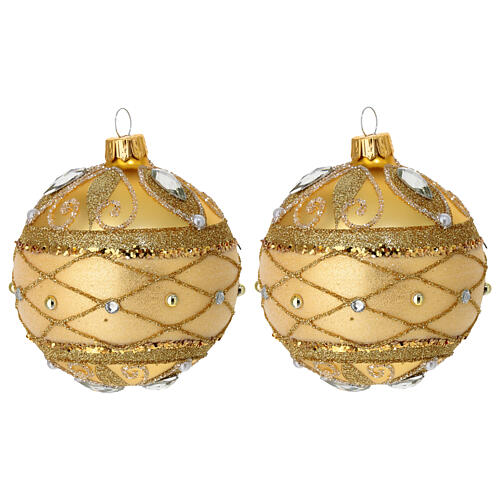 Set of 2 Christmas balls, dull gold with glitter and strass, blown glass, 3 in 1