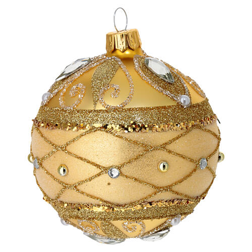 Set of 2 Christmas balls, dull gold with glitter and strass, blown glass, 3 in 2