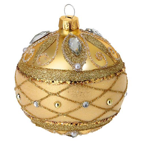 Set of 2 Christmas balls, dull gold with glitter and strass, blown glass, 3 in 4