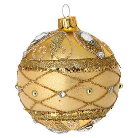 Pair of satin gold balls decorated with glitter and rhinestones in blown glass 80 mm