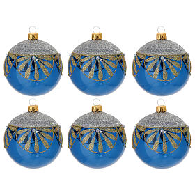 Blown glass Christmas balls, set of 6, blue with gold and silver glitter floral pattern, 3 in