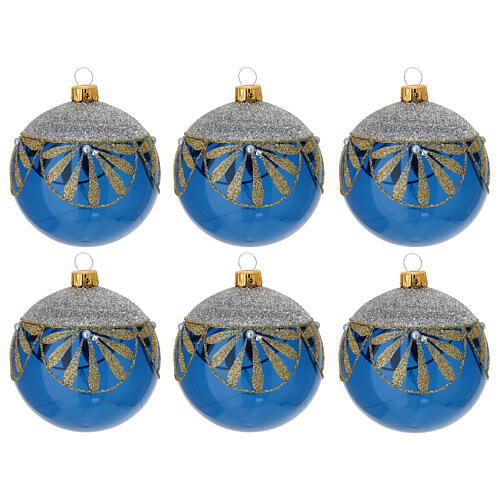 Blown glass Christmas balls, set of 6, blue with gold and silver glitter floral pattern, 3 in 1