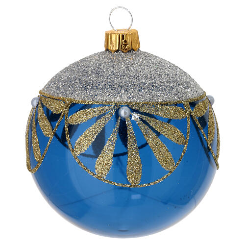 Blown glass Christmas balls, set of 6, blue with gold and silver glitter floral pattern, 3 in 2