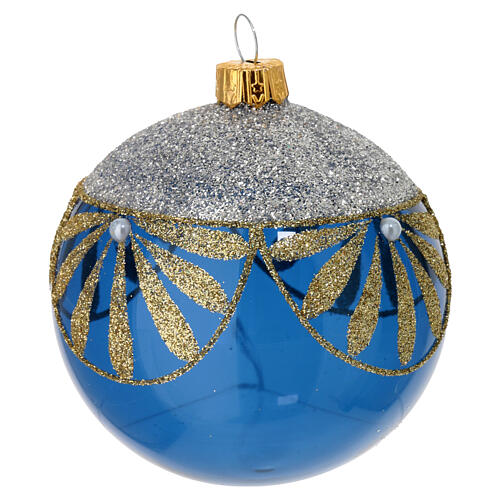 Blown glass Christmas balls, set of 6, blue with gold and silver glitter floral pattern, 3 in 3