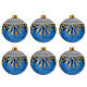 Blown glass Christmas balls, set of 6, blue with gold and silver glitter floral pattern, 3 in s1