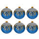 Palline set 6 pz vetro soffiato blu decori floreali glitter oro e argento 80 mm s1