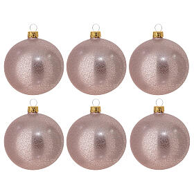 Rough satin pink Christmas balls, blown glass, 3 in, set of 6