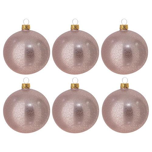 Rough satin pink Christmas balls, blown glass, 3 in, set of 6 1