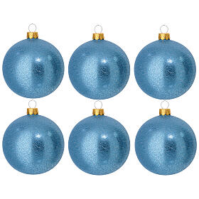 Set of 6 Christmas balls of light blue satin glitter blown glass, 3 in