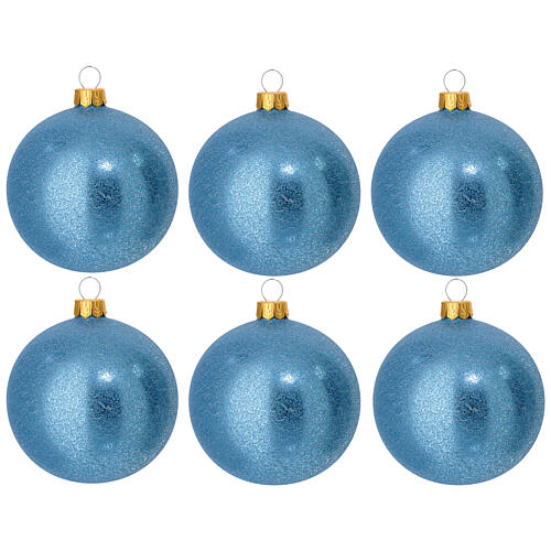 Set of 6 Christmas balls of light blue satin glitter blown glass, 3 in 1