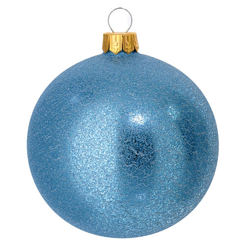 Set of 6 satin glitter blue blown glass baubles 80 mm 2