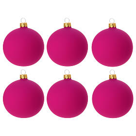 Set of 6 fuchsia Christmas balls, dull blown glass, 3 in