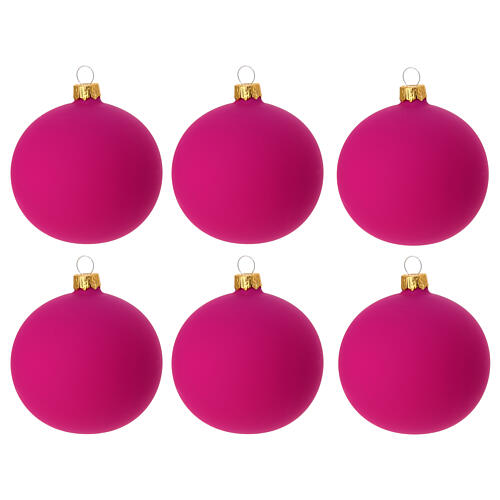 Set of 6 fuchsia Christmas balls, dull blown glass, 3 in 1