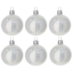 Set of 6 Christmas balls, satin and polished white blown glass, 2.5 in